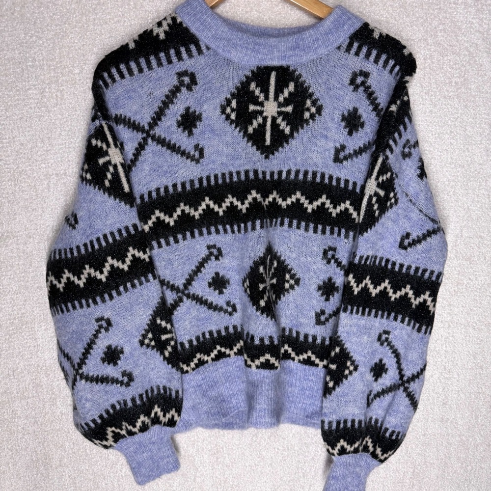 Zara Fuzzy Geometric Fair Isle Knit Sweater Blue Black Cream Balloon Sleeve M